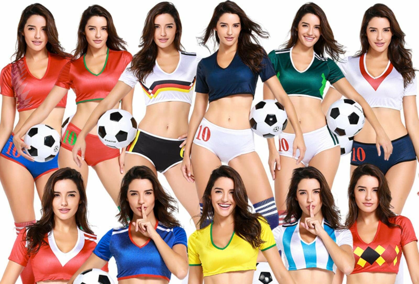 Women in colorful soccer outfits holding soccer balls, showcasing various team styles.