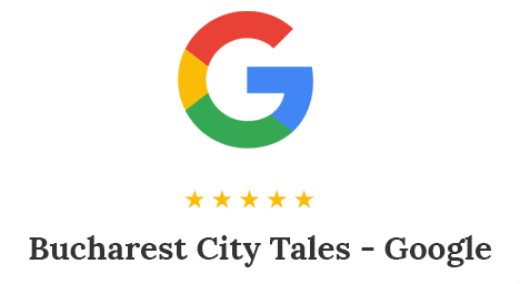 Google logo above five stars with text: Bucharest City Tales - Google, indicating a high rating for a tour.
