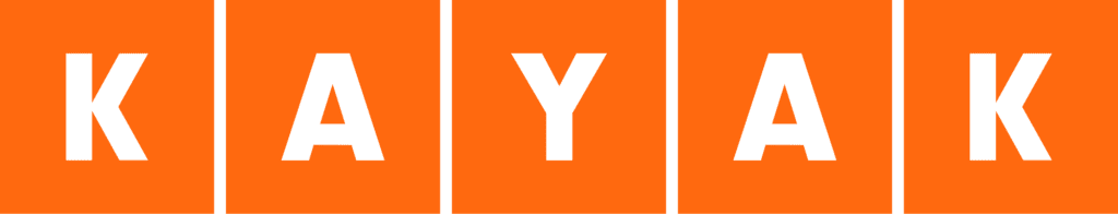Orange Kayak logo with bold white letters on orange squares, representing the travel and booking website.