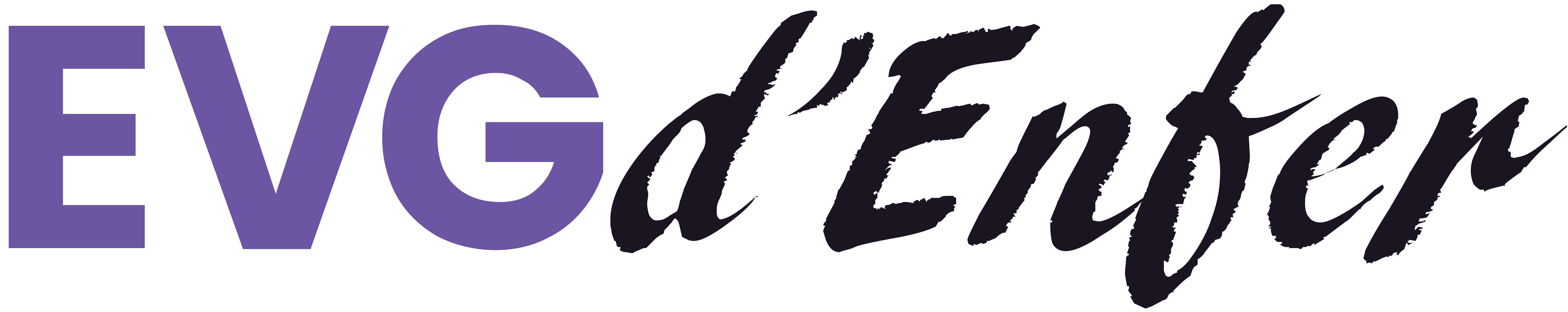 EVG d'Enfer text logo in purple and black fonts on a white background, stylish design for branding.