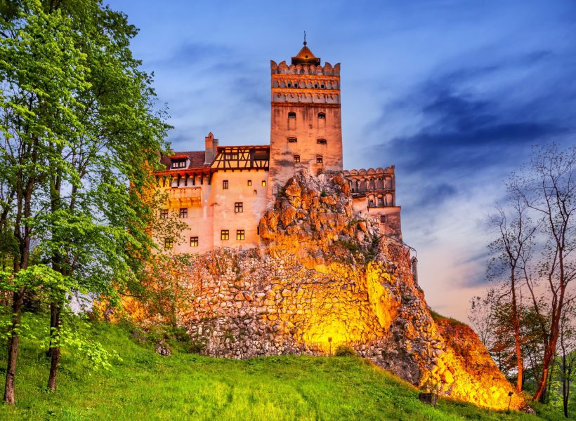 Bran Castle, Romania - May 2016. Stunning HDR twilight image of Dracula fortress in Transylvania, Eastern Europe medieval landmark.