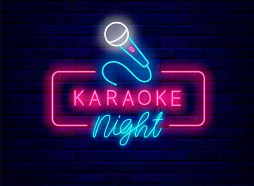 Karaoke night neon signboard. Microphone in frame. Talent show. Celebration idea. Song singer. Light sign. Label for show. Outer glowing effect. Editable stroke. Vector stock illustration