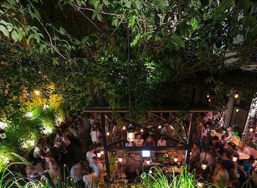 Bustling outdoor bar at night with lush greenery and ambient lighting, creating a cozy, inviting atmosphere.